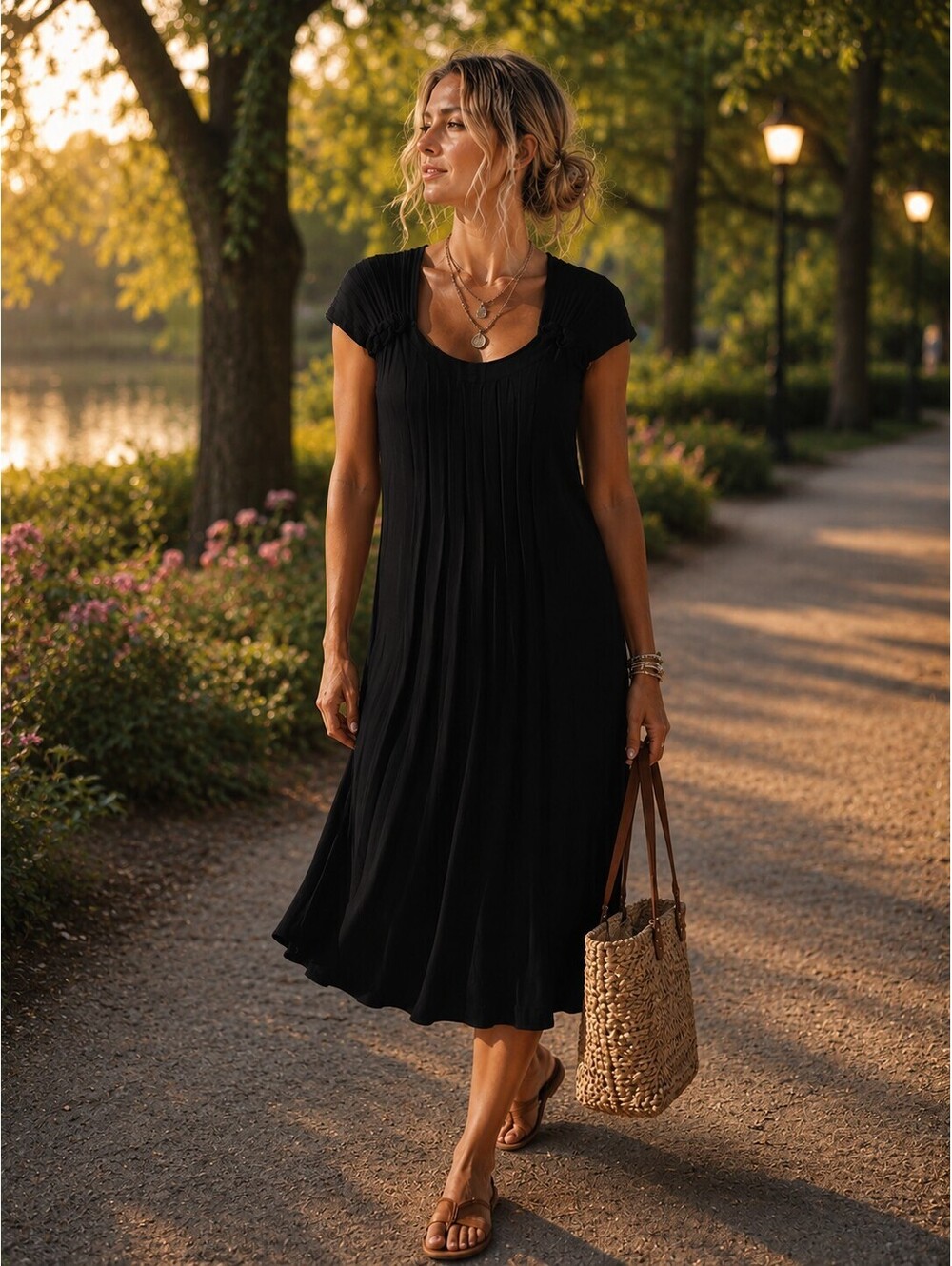 Parkhurst Black Dress Sz L Pleated  Cap Sleeve Knit Stretch Flowy Casual